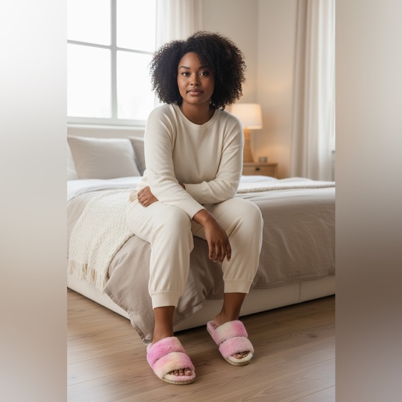 Nicole Miller Pink and Cream Fluffy Slippers - Picture 2 of 8